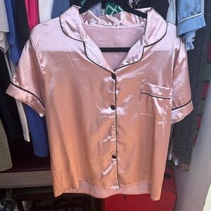 Silky Pink Short Sleeve Pajama Top and Bottom